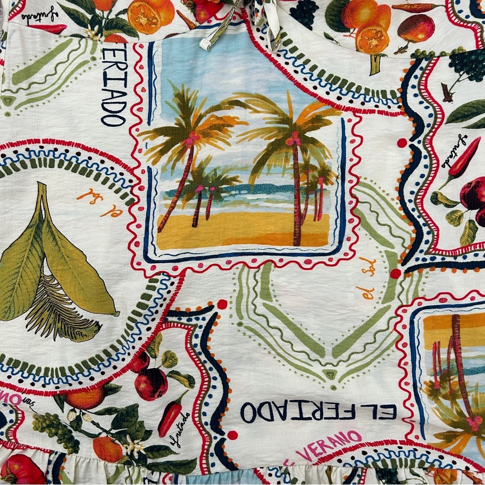Primark Dress 14 Mini Puff Sleeve Flutter Hem Tropical Fruit Colorful Print - Picture 8 of 13